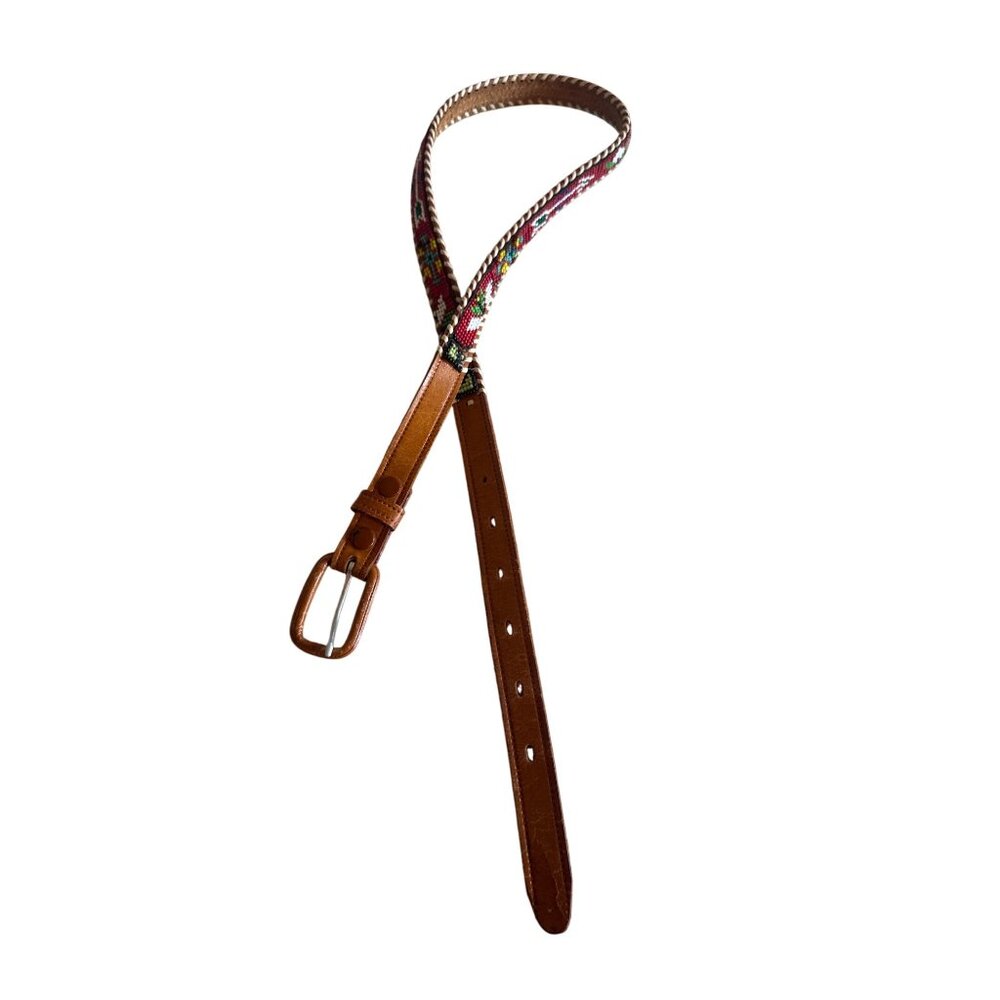 Beaded Leather Belt With Colorful Beadwork & Braided Edge Indian Southwestern